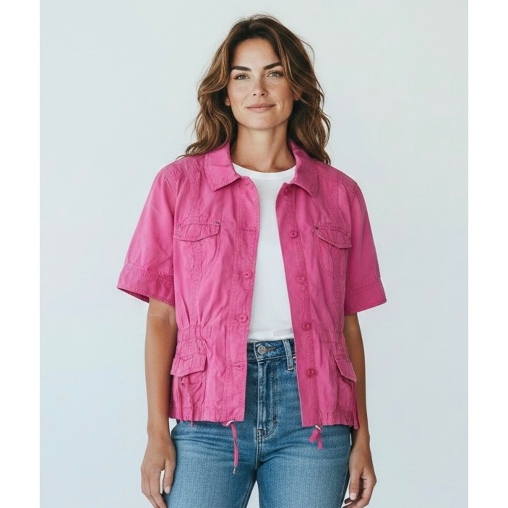 Chico's Utility Jacket Womens Size 2 Pink Short Sleeve Cargo Button Cottagecore